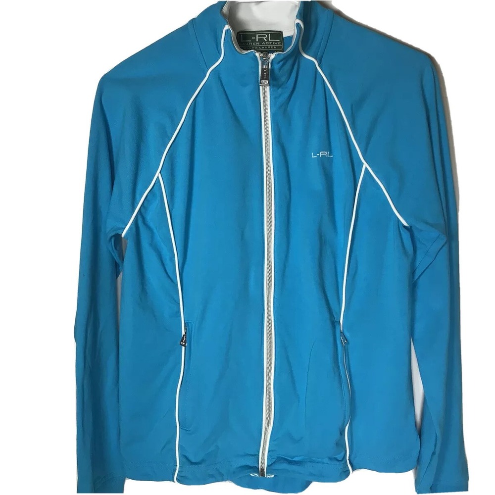 L-RL Lauren Active Womens Full Zip Jacket Size M Hi Lo Pockets Blue Stretch Logo